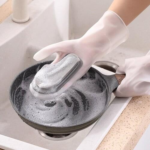 1 Pair Magic Dishwashing Gloves with Sponge Brush Heat Resistant Rubber Household Cleaning Gloves for Kitchen Utensils