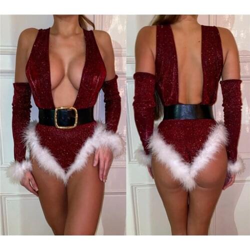 2021 Sexy Women Valentines Day Bodysuit Fashion Red Party Festival Long Sleeve Deep V Neck Backless Bodysuit