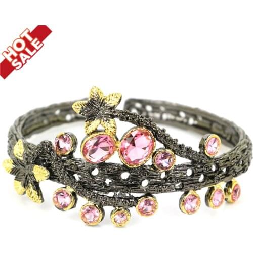 68x37mm Vintage Big Heavy 45g Created Pink Morganite Green Emerald Smokey Quartz Black Metal Silver Cuff Bangle Bracelet 7.5"