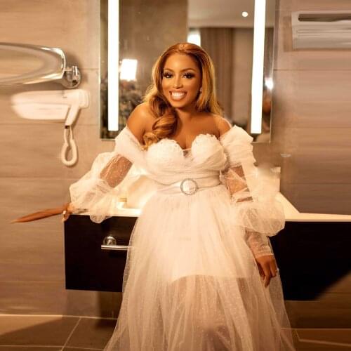 White See Through Women Dress Off Shoulder Tulle Long Sleeves Dresses Plus Size Sheer Party Gown Bohemia Gown