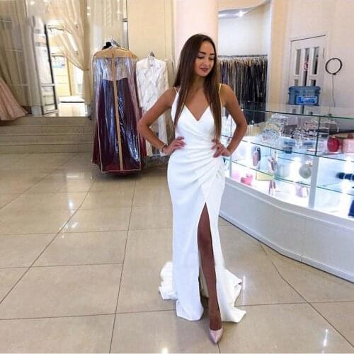 JIERUIZE White Chiffon Backless Mermaid Boho Wedding Dresses V-neck Spaghetti Straps Side Slit Beach Bridal Gowns
