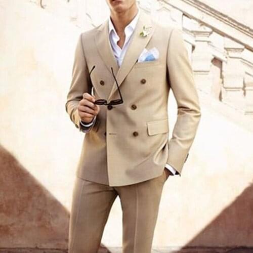 Beige Slim Fit Men Suits with Double Breasted Casual Groom Tuxedo Custom Blazer Male Fashion Daily Work Wear 2021