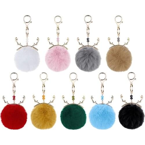 New Simple Imitation Rabbit Hair Key chain Fashion Trendy Antlers Geometry Round Bag Keychain Acceaaory Girl Plush Pendant Gifts