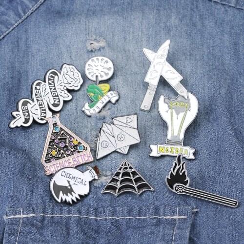 Enamel Pin Origami game Heart coffin Science chemical Cobweb Matches Rose Knife Brooch and Pin Cartoon Lapel Pin Button Badges