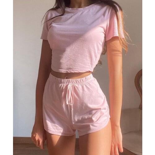 Summer Cotton Sexy Sets Women Casual Two Pieces Short Sleeve T Shirts and High Waist Short Pants Solid Outfits Tracksuit 2021