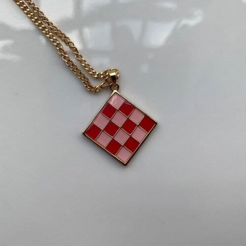 INS Trendy Creative Colorful Square Checkered Pendant Long Chain Necklace For Women Men Fashion Jewelry Gift