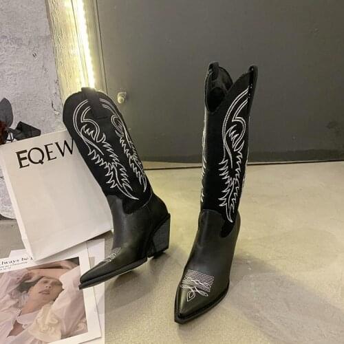 Fashion embossed microfiber leather women boots pointed toe western cowboy boots women Knee-High boots