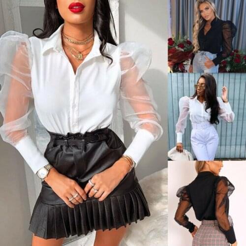 Fashion Womens Tops and Blouses Elegant Mesh Puff long Sleeve OL Shirt Ladies Slim Fit chemise femme Dames Party Club Streetwear