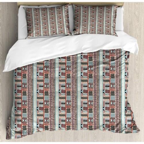 Folk Duvet Cover Set Tribal Pattern with Geometric Shapes 3 Piece Bedding Set Pale Mauve Taupe Pale Slate Blue Cream Charcoal