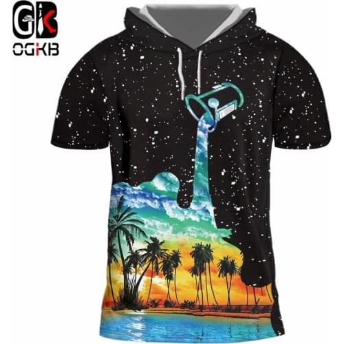 OGKB Unisex Hiphop Streetwear Tees Short Sleeve Hooded Tshirt Summer Tops Women/mens 3d Print Cup Pour Milk T-shirts With Cap