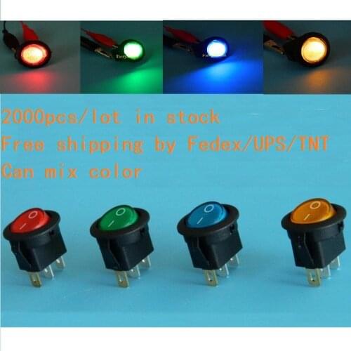 Wholesale 2000pcs/lot Fedex Free Shipping 12V LED Light Car Boat Round Rocker ON/OFF SPST Switch 3 Pins Blue Yellow Red Green