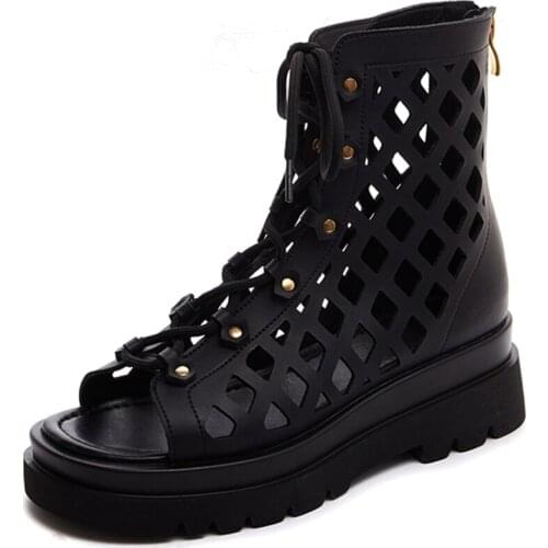 RASMEUP Open-Toed Women Summer Boots Cross Tied Genuine Leather Thick Heels Pumps Female 2021 Fashion Summer Party Ankle Boots