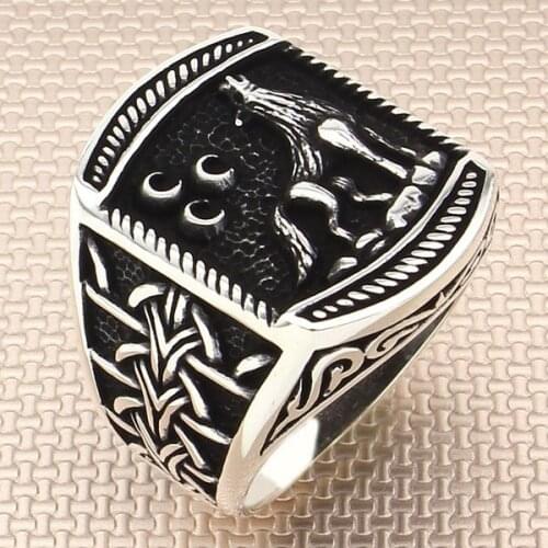 Sterling Silver Rectangle Ring Grey Wolf with Moon Model Silver Ring For Men Made in Turkey