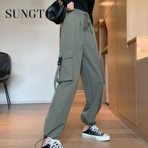 Sungtin Women Cargo Pants Harajuku Elastic High Waist Sweatpants Fashion Pocket Jogger Trousers Drawstring Streetwear Black BF