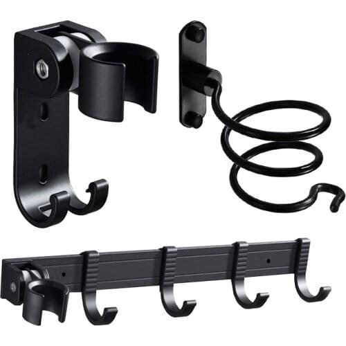 Thicken Punch-free Shower Bracket Bathroom Black Space Aluminum Storage Hook Hair Dryer Rack Adjustable Shower Nozzle Bracket