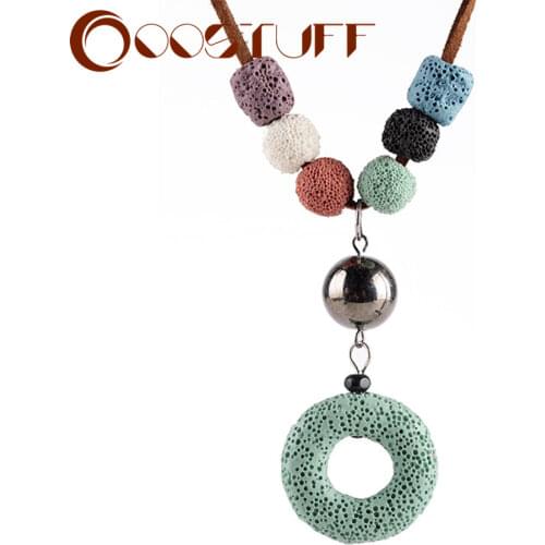 Vintage Green Lava Stone Beads Artificial Leather Long Hemp Rope Necklaces Jewelry For Women Colored Suspension Decoration Gift