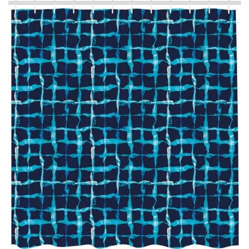 Indigo Shower Curtain Watercolor Print Geometric Squares Lines Aqua Pool Inspired Design Fabric Bathroom Decor Set with Hooks