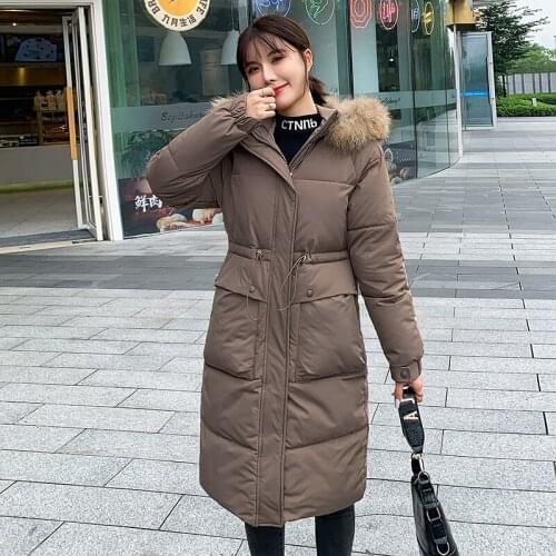 Womens Solid Elegant Long Hooded Parka Faux Fur Thick Warm Winter Jacket 2021 New Slim Waist Big Pockets Ladies Coat