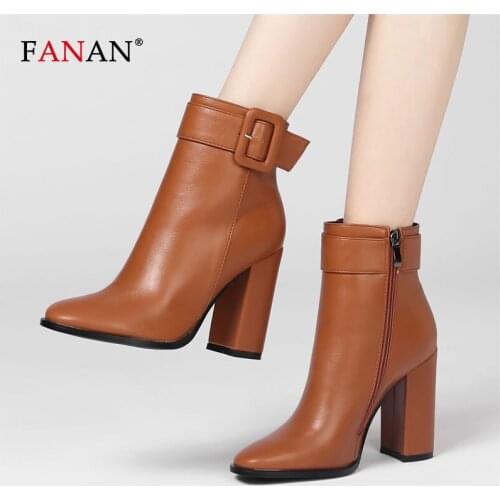 FANAN Women Ankle Boots Fashion Buckle Thick High Heel Winter Shoes Woman Zipper Office Lady Street Short Leather Boots Big Size