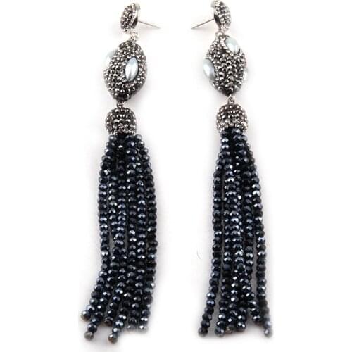 Free shipping Fashion Handmake Paved Eye Pearl and Hematite Crystal Tassel Drop Women Earring