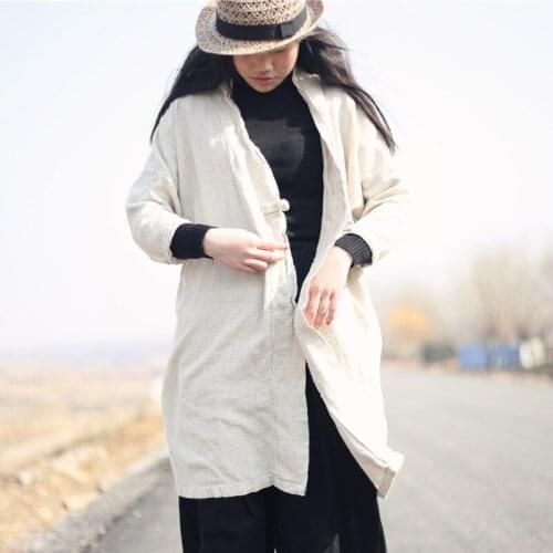 Johnature Women Button Coats Trench 2021 Autumn New Nine Sleeve V-Neck Loose Vintage Coats Linen Casual Trench