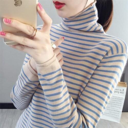 2021 Women Autumn Winter New Stripe Turtleneck Jumpers Female Slim Knit Bottoming Tops Ladies Long Sleeve Sweater Tops P394