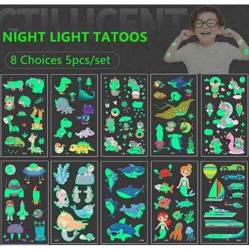 5Pcs Luminous Tattoo Stickers Kid Temporary Unicorn Fake Tattoos set Glow Face Arm Leg for Children Body Art Mermaid Sticker