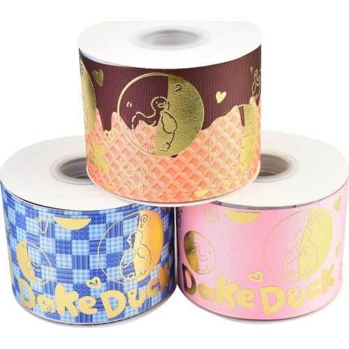 50yards 75mm Gold Foil cartoon duck Dake Duck text Grosgrain Ribbon For DIY Accessories Welcome Custom designs