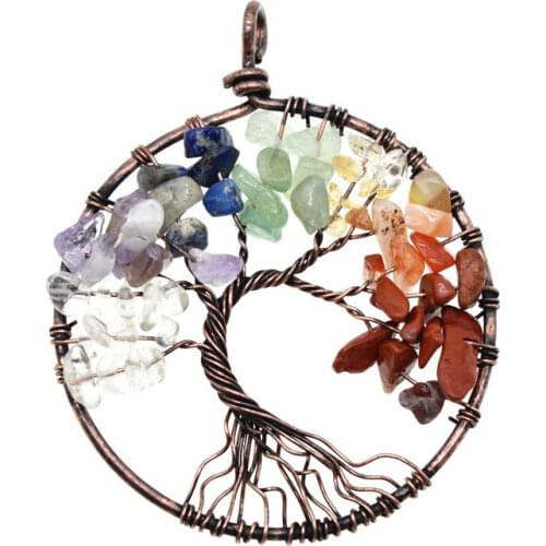 7 Chakra Tree of Life Crystal Stone Tree of Wisdom Handmade Ancient Copper Tree of Life Home Car Snake Bone Chain Decor Necklace