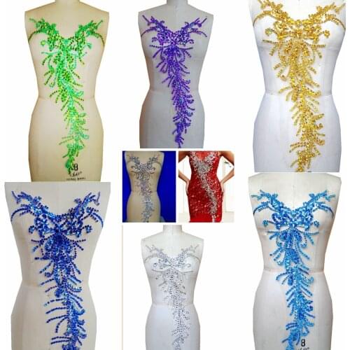 A168 Pure hand made clear AB colour sew on Rhinestones applique crystals patches 58*28cm dress accessory