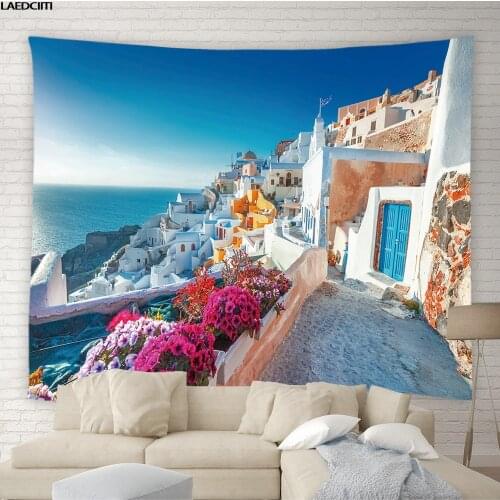 Greek Town Architecture Castle Tapestry European City Seaside Scenery Couple Travel Wall Hanging Living Room Bedroom Home Decor