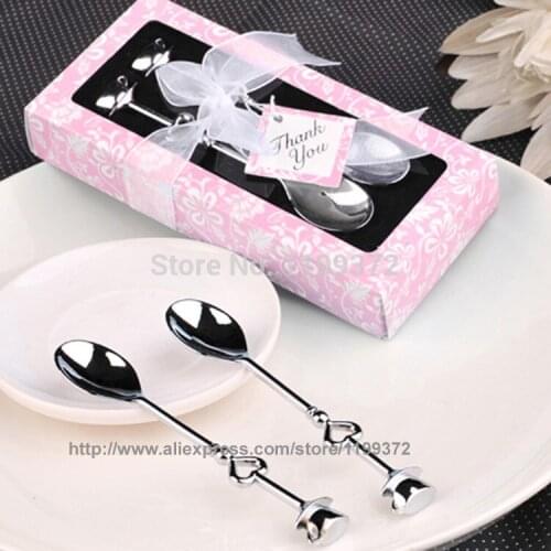 DHL Free Shipping 100pcs 50pairs 50boxes Love Heart Shape Spoons Coffee Spoon Wedding Favor Heart-Shaped Guest Gift 2 in 1 box