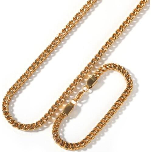 Hip Hop Rock Gold Color Stainless Steel Franco Link Chain Necklace Bracelets Set for Men Rapper Jewelry Drop Shipping