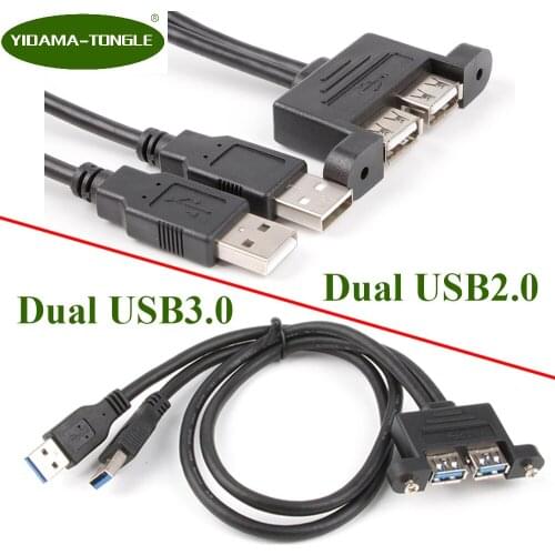 Dual USB 2.0 USB3.0 Male to Female M/F Screw Lock Panel Mount Extension Cable