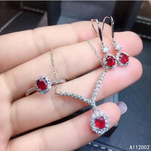 KJJEAXCMY fine jewelry natural ruby 925 sterling silver women gemstone pendant necklace earrings ring set support test noble