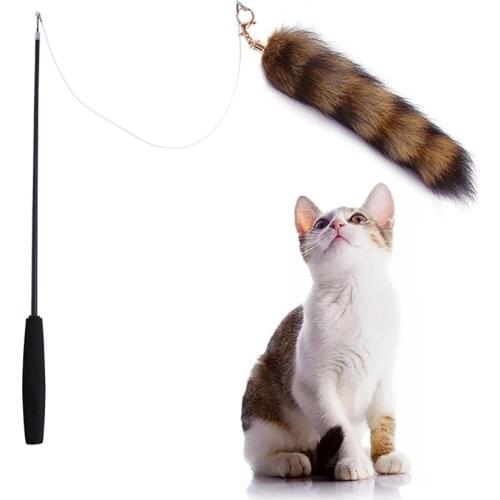 Cat Wand Toys Cat Teaser Wand Faux Fox Fur Tail Funny Cats Stick Plastic Long Handle Kitten Interactive Training Catcher Toy