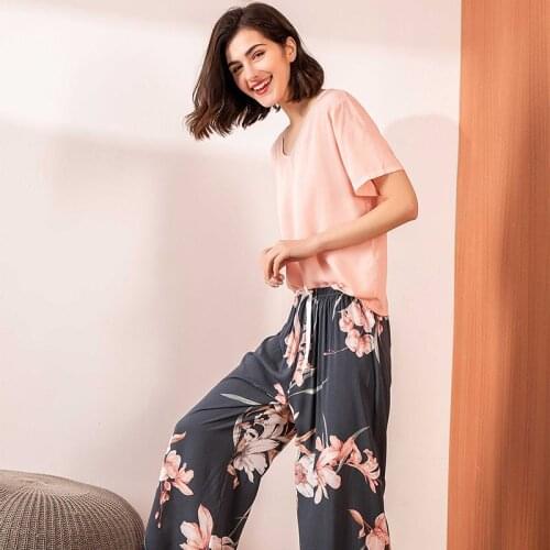 Summer Pajamas Set Women Comfortable Cotton Viscose Contrasting Color Pajamas Short Sleeve Tops with Long Trousers Ladies Pyjama