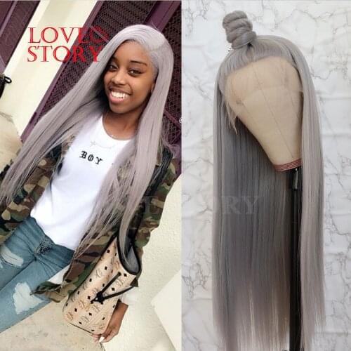 Lovestory Long Straight Synthetic Lace Front Wig Grey Color Heat Resistant Fiber Synthetic Lace Wigs For Women
