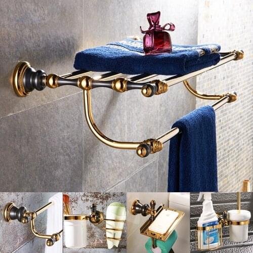 Bathroom Hardware Set Towel Rack Paper Holder Towel Hanger Corner Shelf Toilet Brush holder Gold Brass Bathroom Accessories Sets