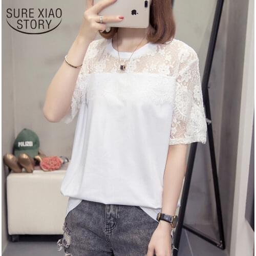Summer New 2021 Woman Shirt Short Sleeve Sexy Hollow Out Woman Blouse Lace Decoration Womans Shirt Office Lady Style 9016 50