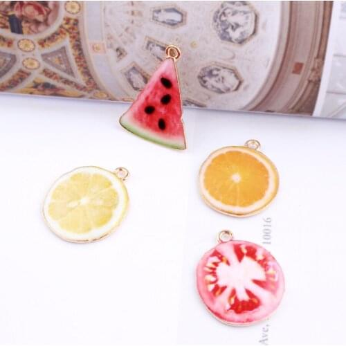 New Trendy DIY Jewelry Charms Gold Tone Plated Oil Drop Watermelon Lemon Tomato Fruit Floating Pendant Charm Craft Fit Bracelet