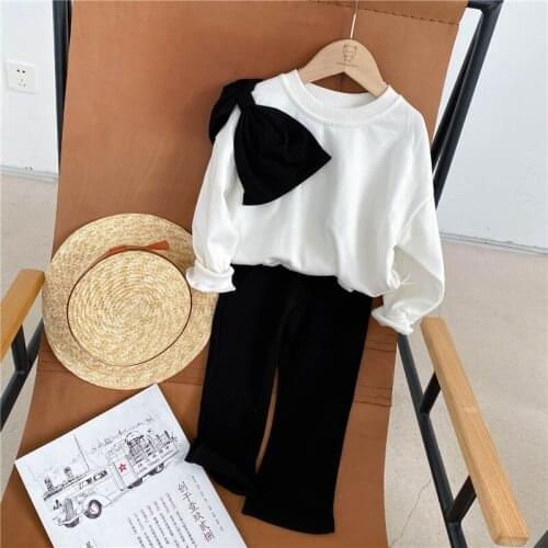 Spring new girls bowknot clothes set korean style 2021 long sleeve sweatshirt and trousers 2pcs suit children outfits