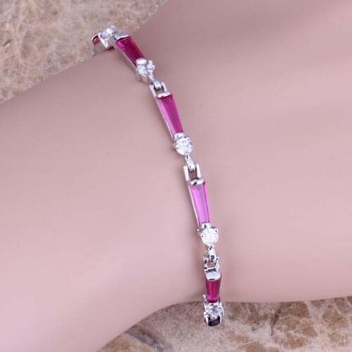 Awesome Red Cubic Zirconia White CZ Silver Plated Link Chain Bracelet 6.5 - 7.5 inch S0584