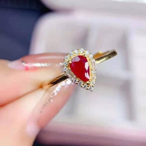 Natural Ruby S925 Sterling Silver Water Drop Gemstone Ring Fine Fashion Charming Wedding Jewelry for Women MeibaPJFS
