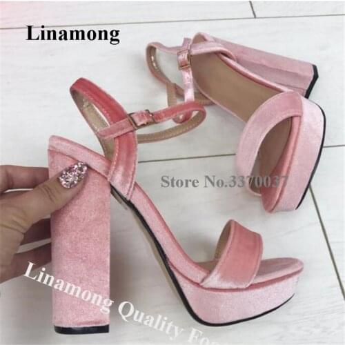 Linamong Elegant High Platform Velvet Chuunky Heel Sandals PInk Grey One Strap Ankle Strap Thick High Heel Sandals Dress Heels