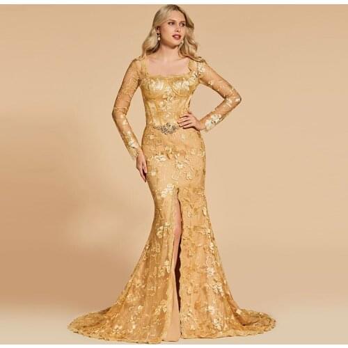 Tanpell Elegant Evening Dress Square Neck Long Sleeves Appliques Zipper up Floor Length Mermaid Evening Dress