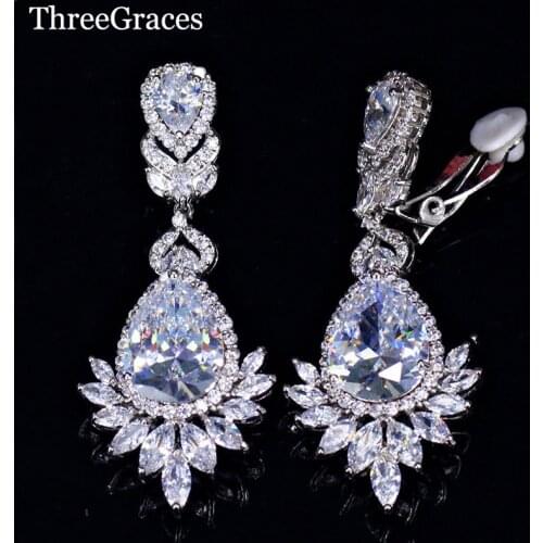 ThreeGraces Luxury Women Wedding CZ Jewelry Long Big Dangle Water Drop Non Pierced Ear Clip on Earrings for Brides ER043