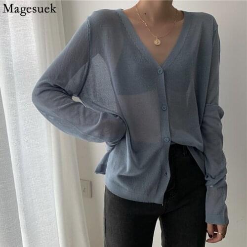 Knitted V Neck Womens Shirts Korean Long Sleeve Cardigan Summer Blouse Cropped Casual Thin Ice Silk Tops Blusas Mujer 13482