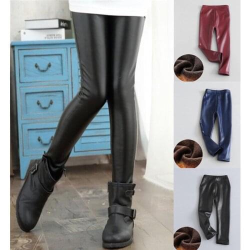 Faux Pu Leather Winter Warm Children Girls Leggings Pants Slim Thick Trousers 2-10Years