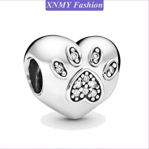 XNMY Hot Sale Silver Color Bear Paw Heart Charm Beads Fit Original Pandora Bracelet Bangle Jewelry Making DIY Gift